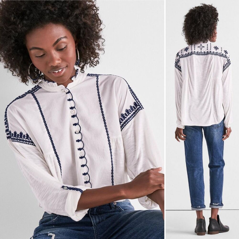 Lucky Brand Embroidered Top Scalloped Boho Mother Of Pearl XS